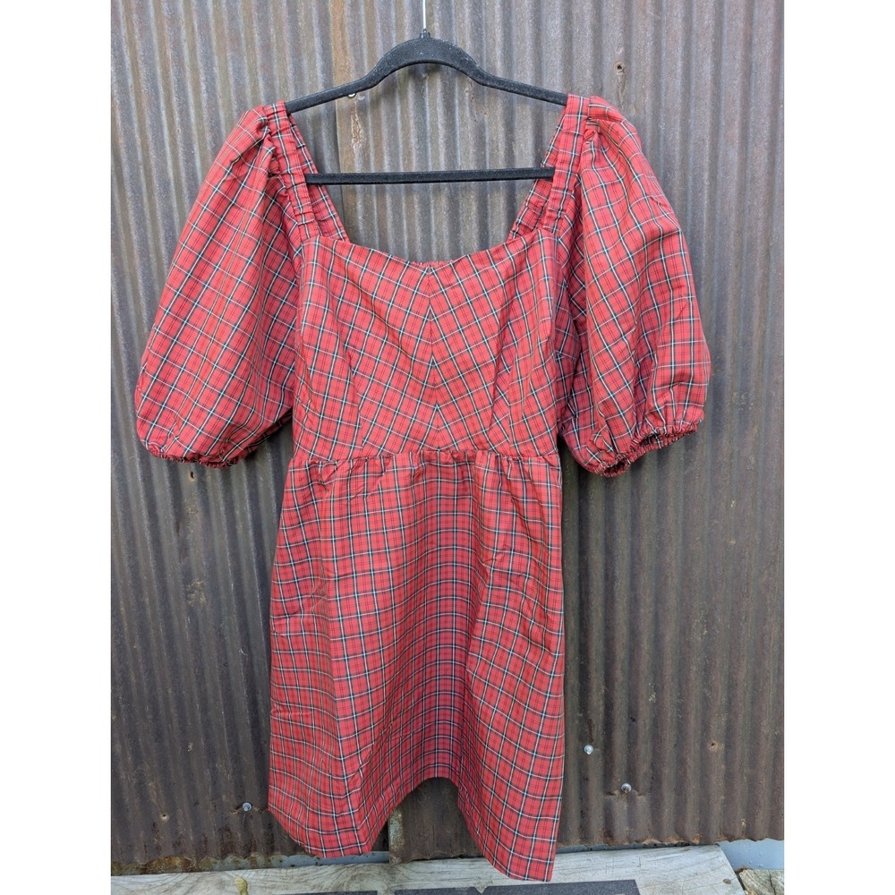 Old Navy Tartan Plaid Mini Dress Women Medium Petite Red Puff Sleeve Cottagecore
